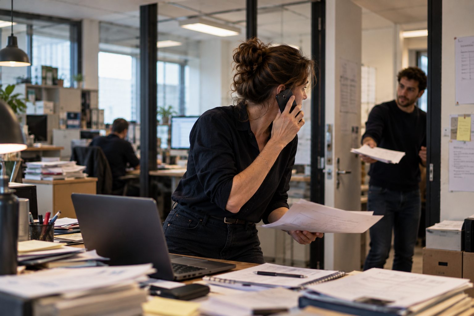 Une dirigeante au téléphone, des documents à la main, pendant qu’un collègue arrive avec une autre demande.